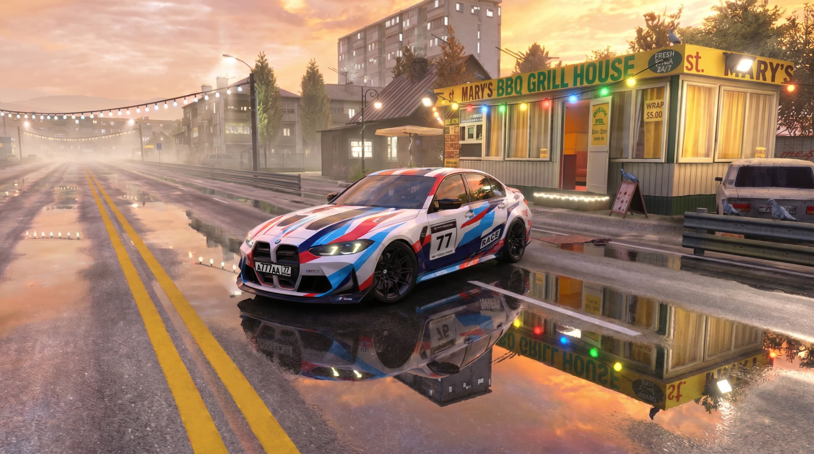 Traffic Racer Open World realtime reflections — a BMW M3 in racing livery mirrored in wet asphalt on a sunset street in front of a roadside BBQ grill house