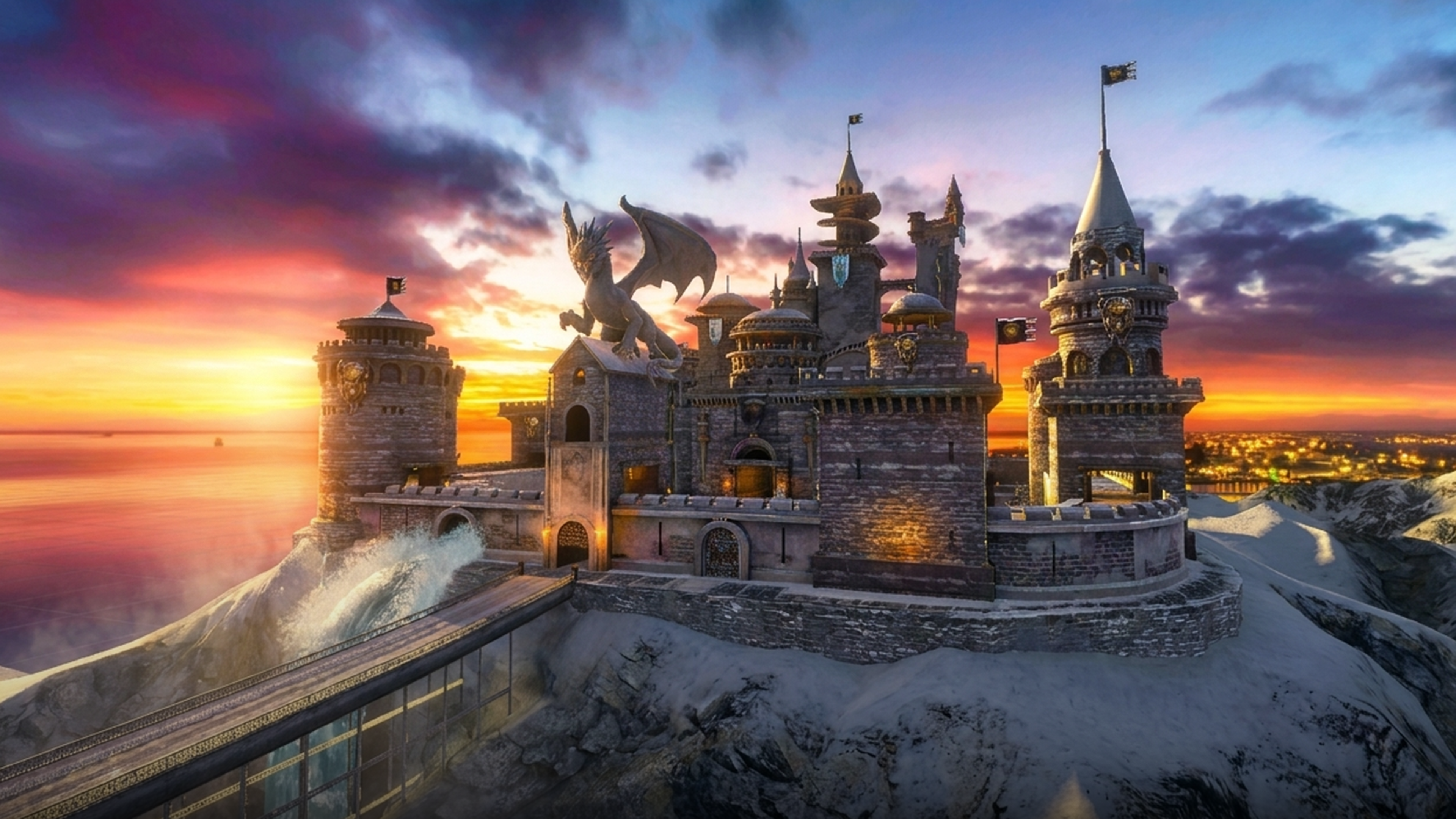 Traffic Racer Open World new Dragon Castle location — a large stone castle crowned with a dragon statue on snowy cliffs above the sea at sunset