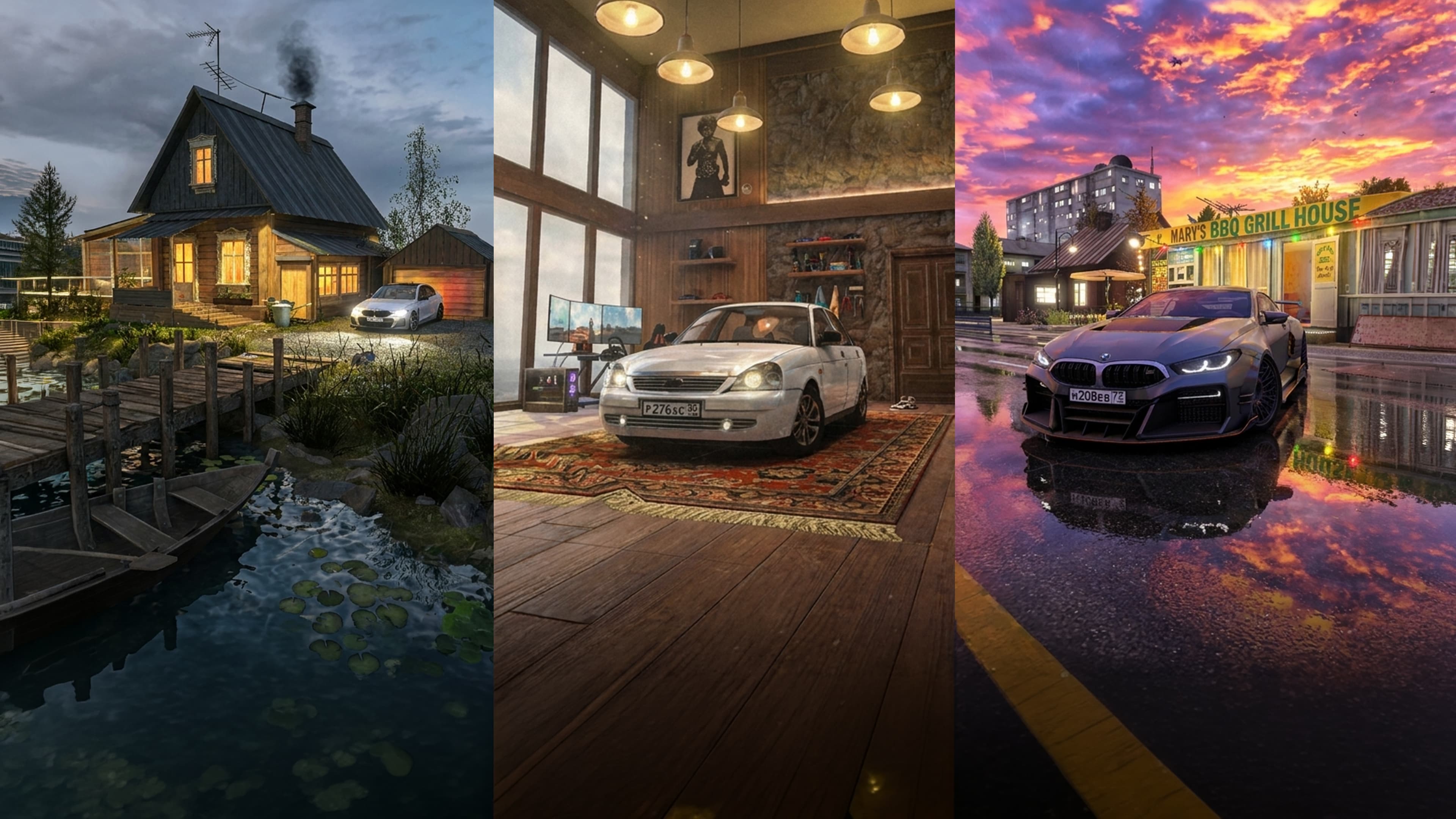 Traffic Racer Open World new garage environments — three buyable garage backdrops side by side: a lakeside cabin, a wood-panel loft, and a sunset street