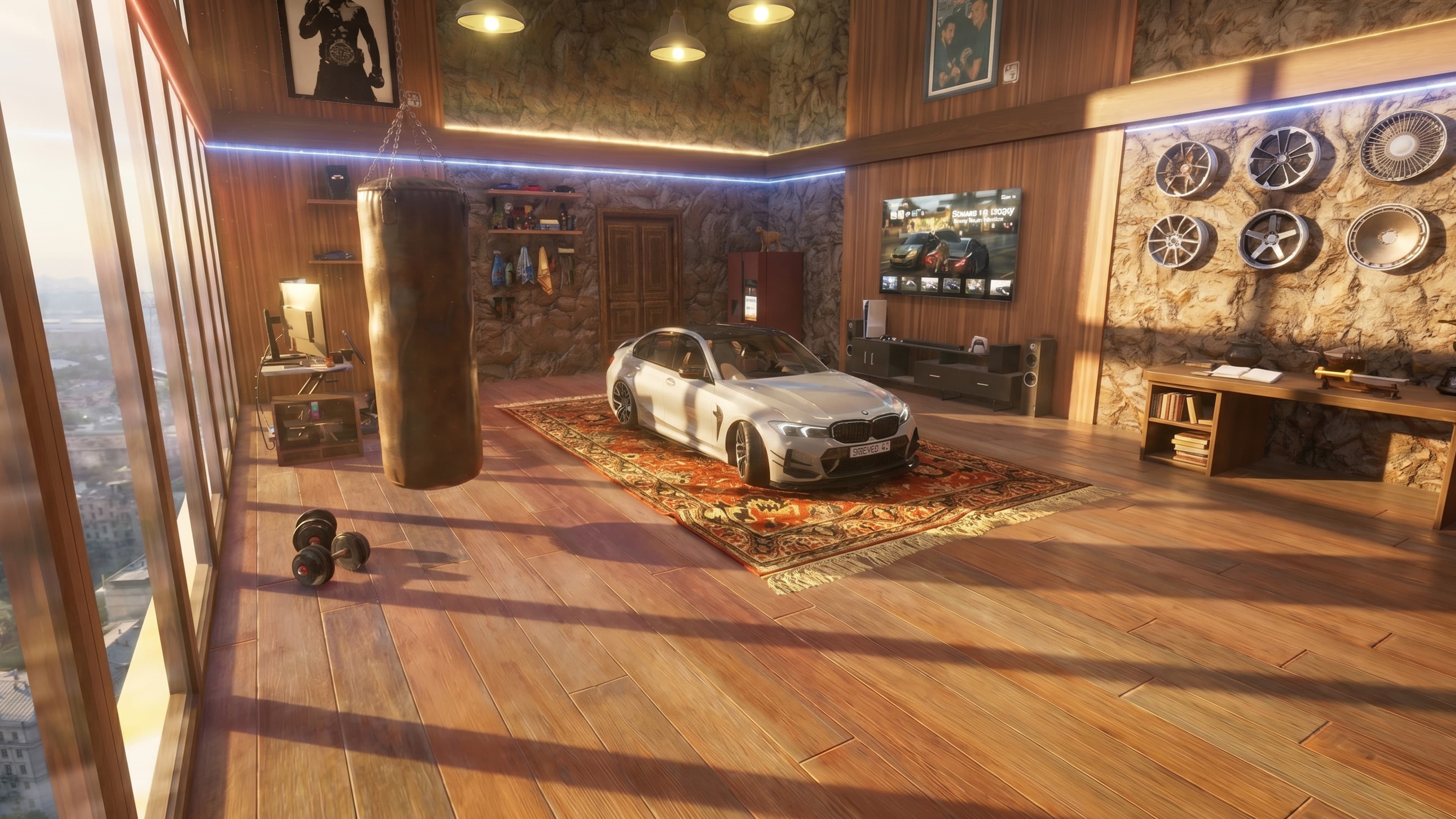 Traffic Racer Open World Soviet Loft garage — a warm wood-panelled loft with a white BMW parked on a rug, a punching bag, and alloy wheels displayed on the stone wall