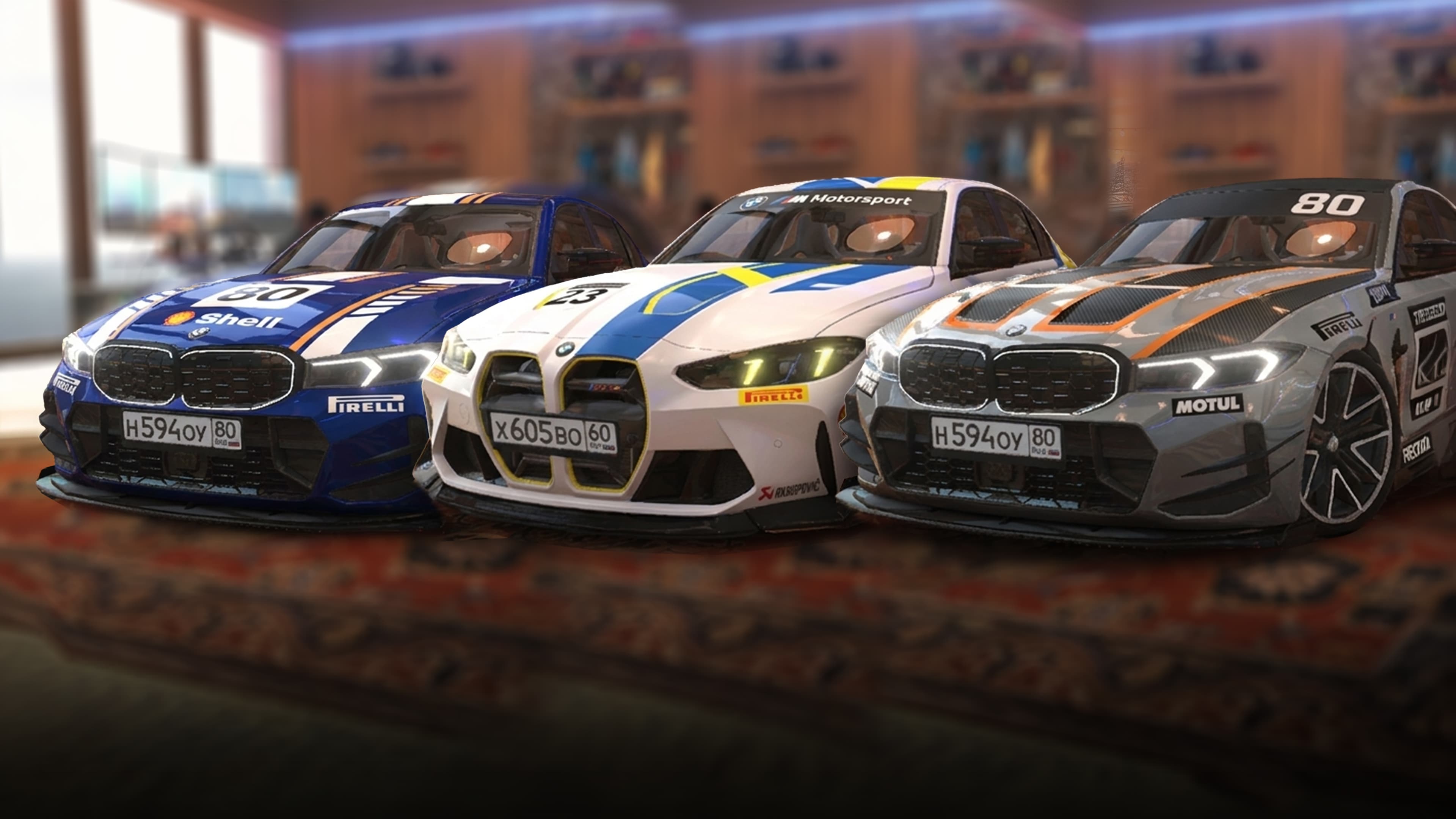 Traffic Racer Open World vinyls and wraps — three BMW M3 sedans with custom racing liveries lined up in a garage