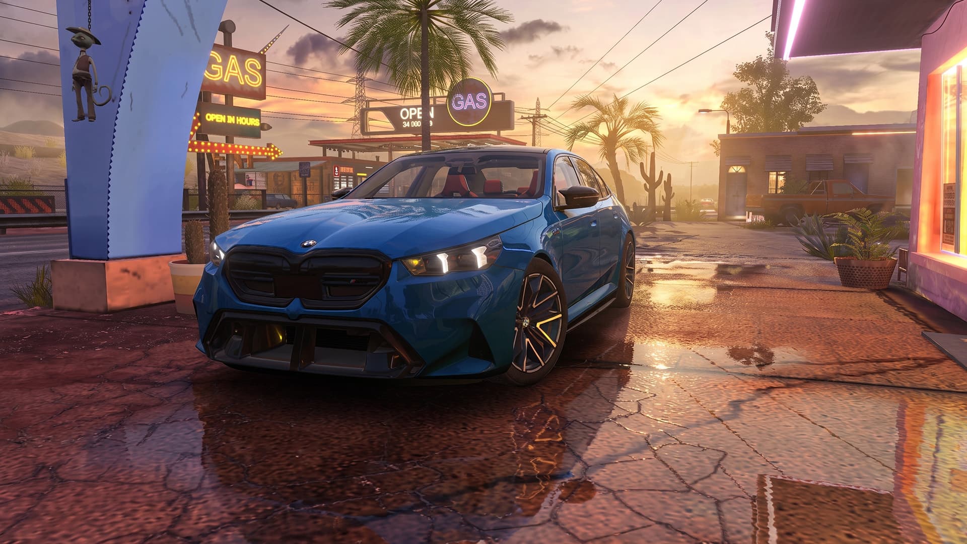 Traffic Racer Open World Bullet M5 G90 — a blue performance sedan with a red interior parked on wet pavement at a desert gas station at sunset