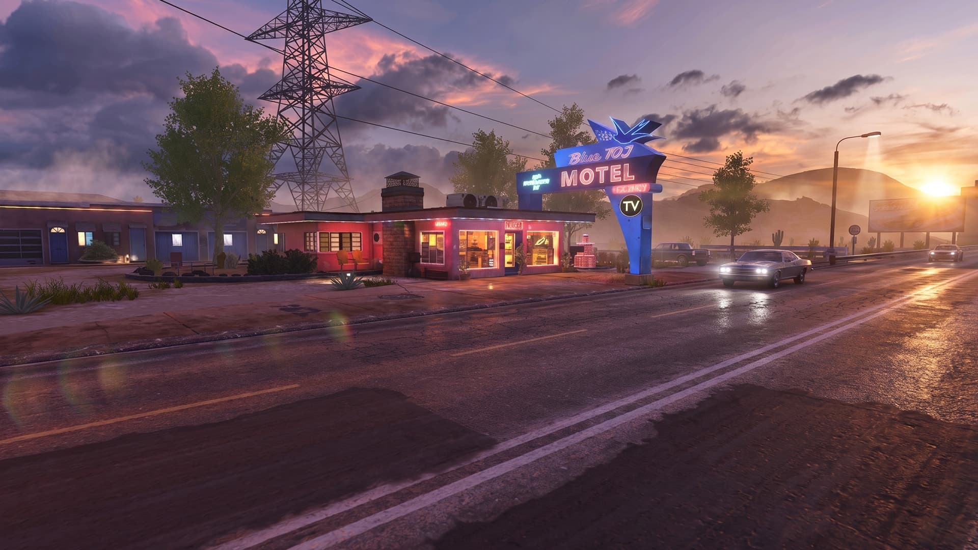 Traffic Racer Open World Desert Valley at dusk — a retro roadside motel with a glowing blue neon sign as a muscle car drives past under a purple sunset sky