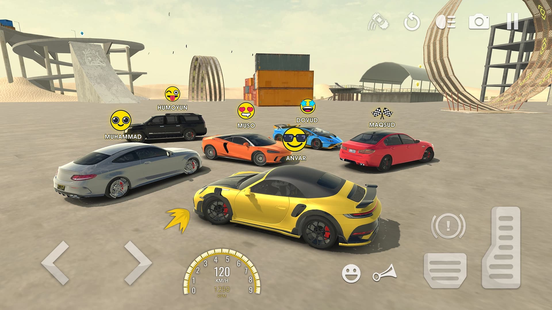 Traffic Racer Pro open world multiplayer — real players gathered in free drive mode with emoji avatars floating above their cars in a stunt area