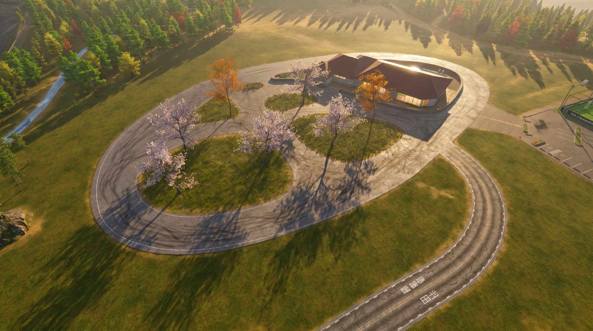 Traffic Racer Pro Drift Mansion — aerial view of a looping drift track around blossoming trees in front of a mansion