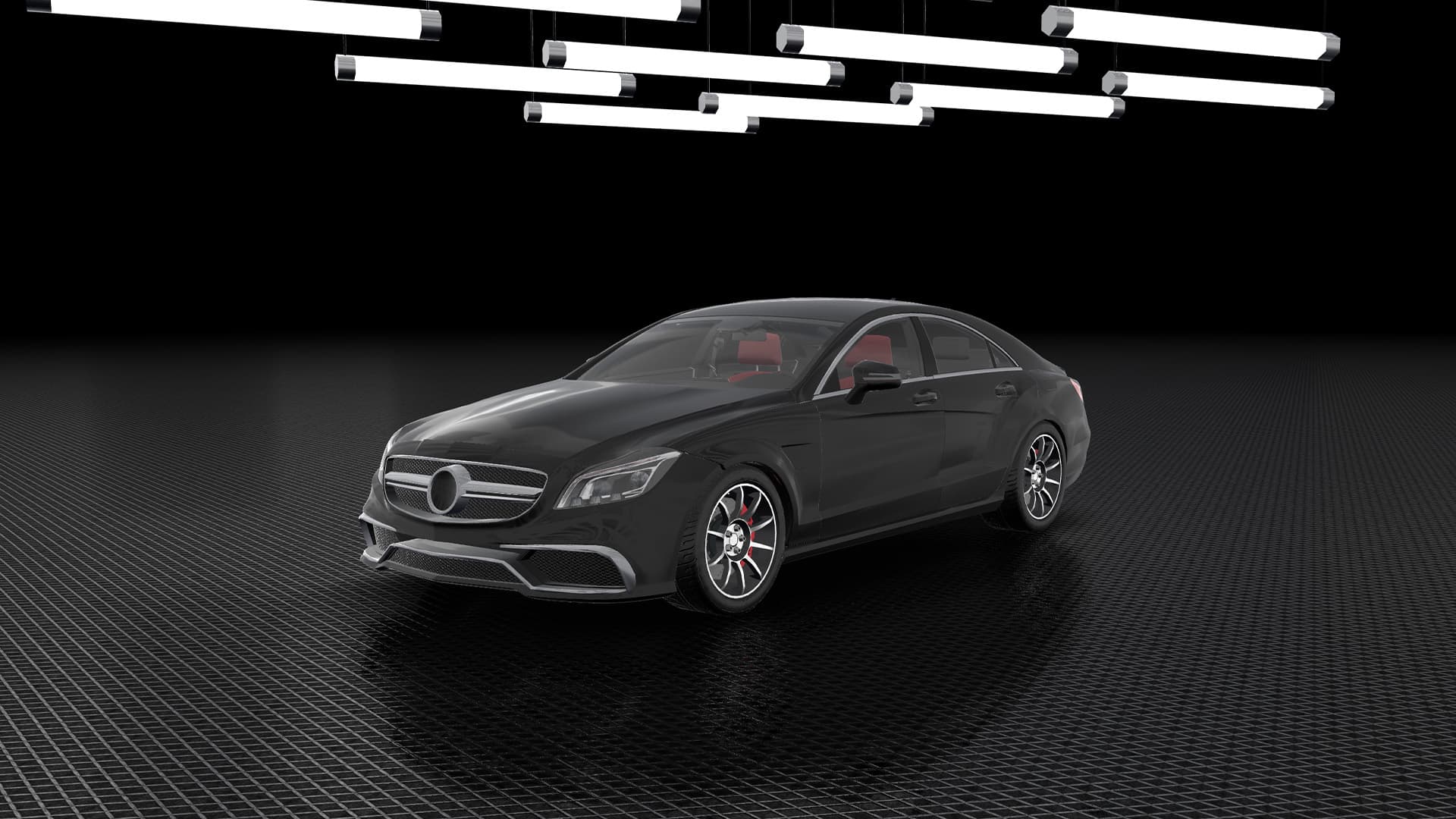 Traffic Racer Pro new car — a black four-door luxury coupe with a red interior in a dark studio
